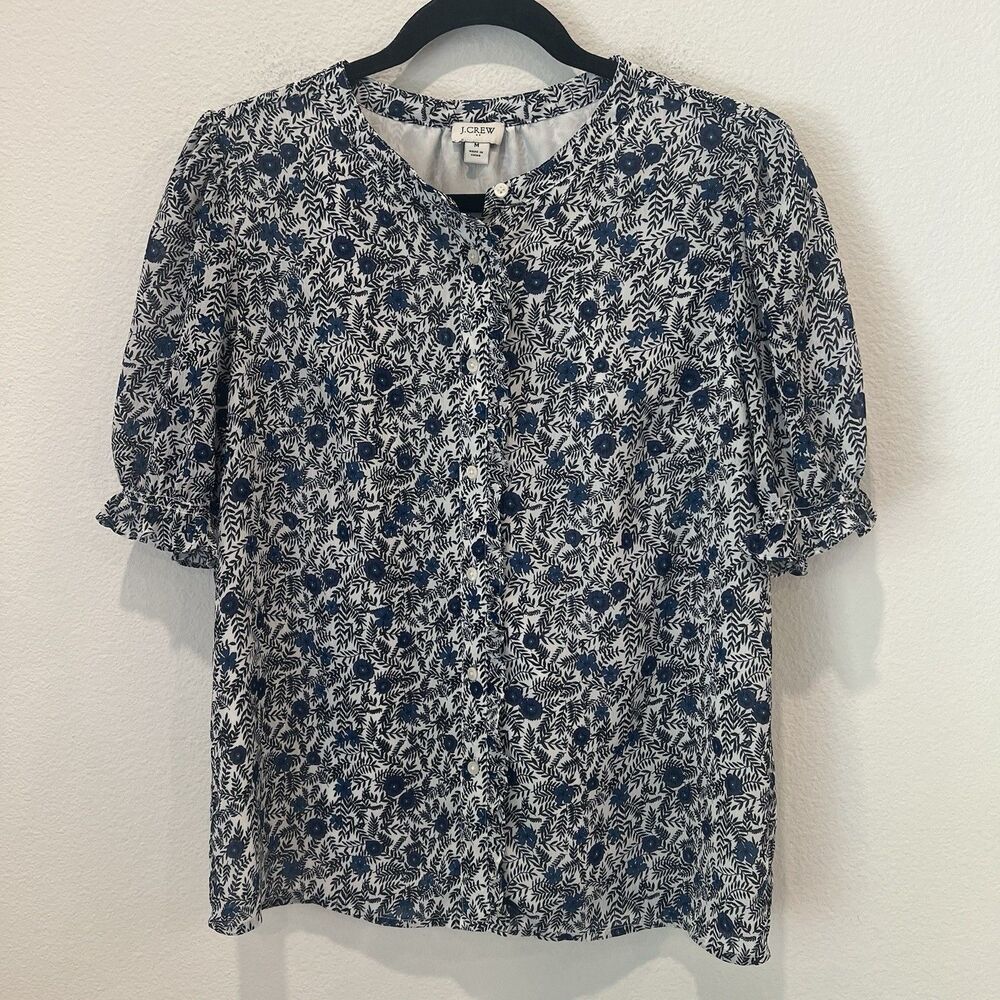 J CREW Top Women Medium Blue Floral Ruffle Crinkle Puff Sleeve